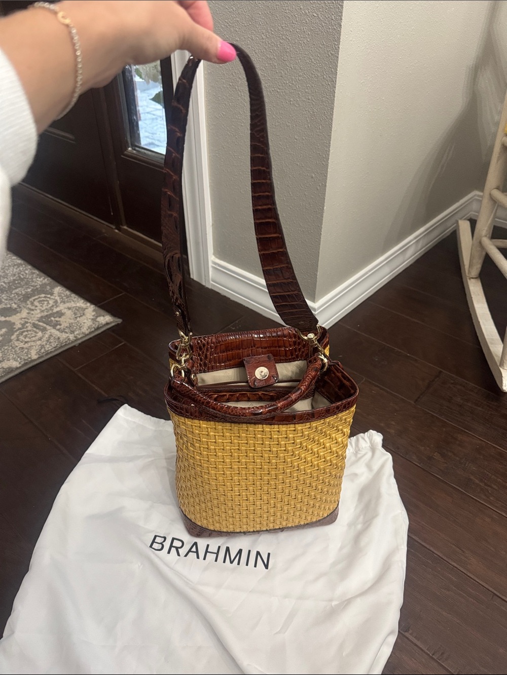 Brahmin Yellow Woven Bucket Bag with Brown Croc Trim - Picture 2 of 5